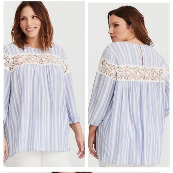 Torrid Top Womens 2X Blue Striped Gauzy Crochet Boho Coastal Flowy Blouse - Picture 1 of 9